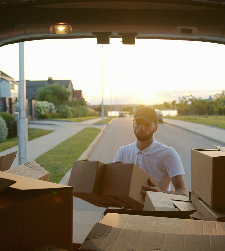 Trabajador descargando cajas de una furgoneta al atardecer en una zona residencial KARRY